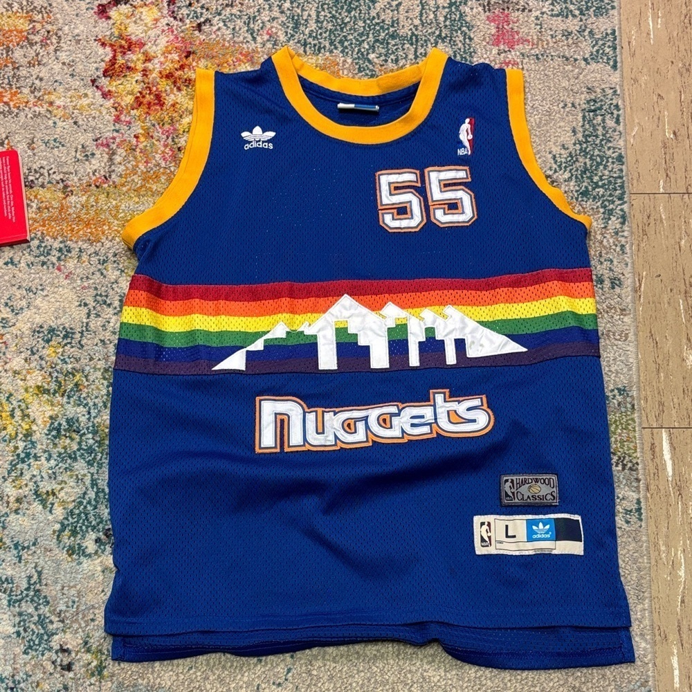 Adidas NBA Mens Size Large Blue Skyline Nuggets Jersey #55 Mutombo *Flaws
